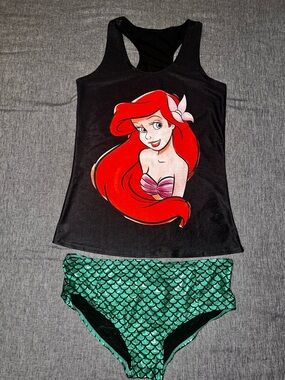 Black Ariel Graphic Tankini Set with Green Metallic Mermaid-Scale Bottoms